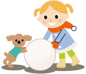 雪遊び　女の子と犬