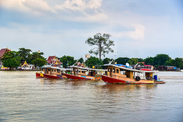 Fototapeta na wymiar Tugboat cargo ship in Chao Phraya river, Thailand.