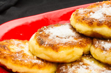 red plate of pancakes