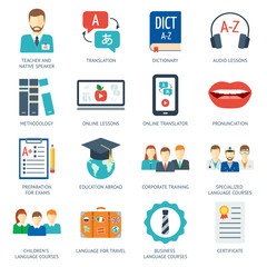 Pictogram and icons set for foreign language courses and schools. Flat design. Vector