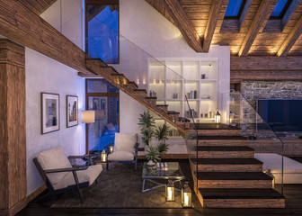 Fototapeta premium 3D rendering of evening living room of chalet