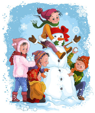 Winter games, children and snowman. Christmas holiday vector illustration
