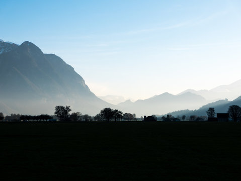 Strong Contrast Of The Trees Against The Mountains