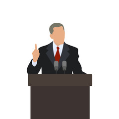 Man on the podium politician points finger up. The gesture of attention. Male speaker. Vector - obrazy, fototapety, plakaty