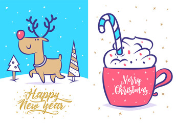 Funny new year set . Christmas greeting card background poster. Vector illustration.