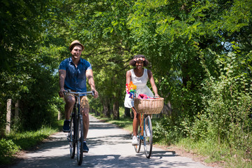 Obraz na płótnie Canvas Young multiethnic couple having a bike ride in nature