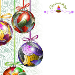 Christmas vector background with four realistic balls decorated with abstract pattern of bright red, yellow, pink, green and purple colors. New year greeting card design. Vintage style illustration.