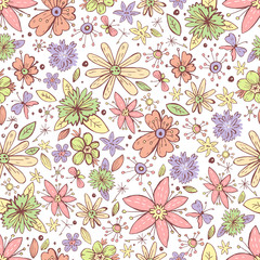 Vector seamless pattern with vintage hand drawn doodle flowers a