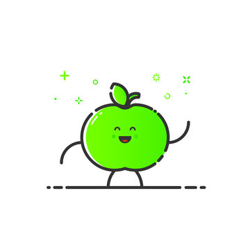 Vector illustration of funny apple character cartoon isolated in line style. Linear green cute fruit icon with face smile. Flat design for banner, web page and mobile app. Outline vegan expression.