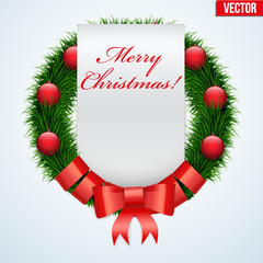 Traditional Green christmas wreath and red ribbon with Christmas greetings on paper. Christmas invitation and congratulations. Vector Illustration Isolated on Background.
