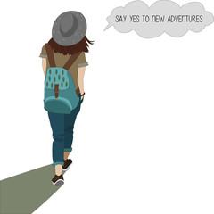 Hand drawn hiker woman with backpack and hat with hand drawn inscription Say yes to new adventures. Free Spirit. Wanderlust. Atmospheric vector illustration