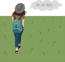 Cute illustration woman traveler with backpack  and hat with hand drawn inscription Time for travel. wanderlust travel concept,hand drawn atmosperic vector card - 125395742
