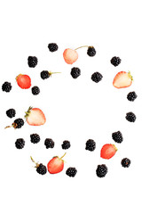 Naklejka na ściany i meble blackberry and strawberry berries on a white background top view of a flat style summer fresh berries pattern