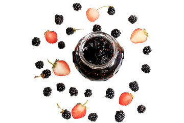 blackberry and strawberry jam on white background berry style flat top view of summer fresh berries pattern