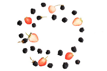 blackberry and strawberry berries on a white background top view of a flat style summer fresh berries pattern