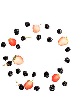 blackberry and strawberry berries on a white background top view of a flat style summer fresh berries pattern