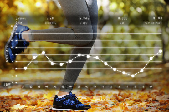 Closeup of female legs jogging at park. Graphic of training results. Health care and sport concept.
