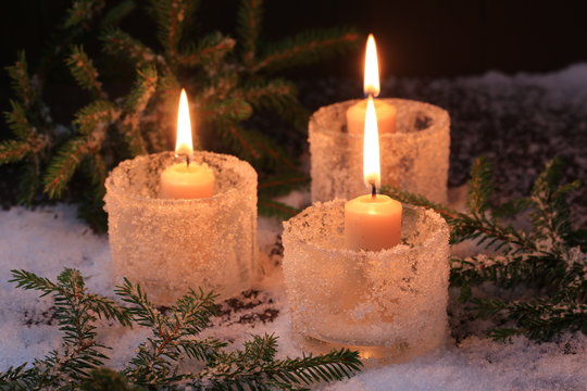 Christmas candle fir tree winter background