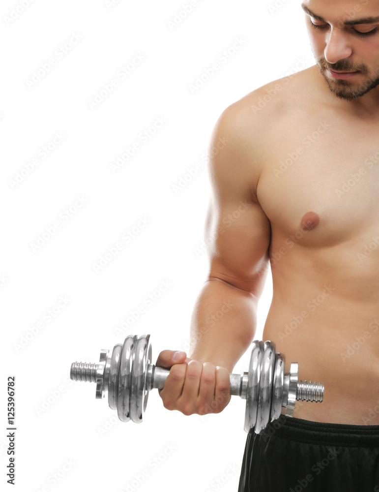 Sticker Sporty man with dumbbell isolated on white