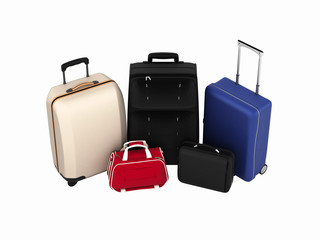 Suitcases and bags, travel concept without shadows isolated on w