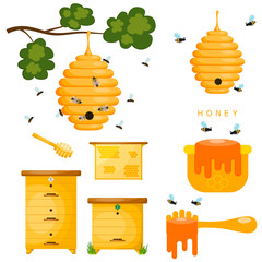 Set of yellow objects beekeeper. Yellow bee hive on a white back