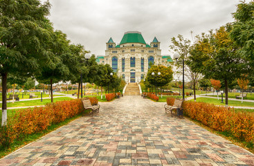 Theater in the park in autumn cloudy day. Astrakhan
