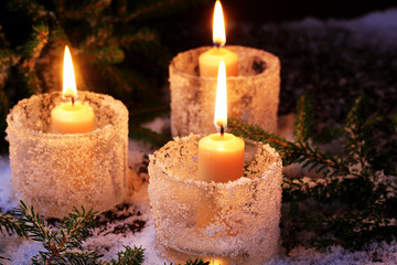 Christmas background fir tree burning candle Winter background