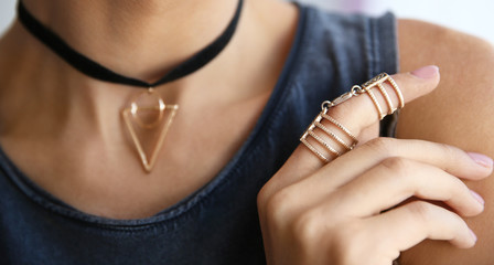Young woman with stylish accessories, closeup