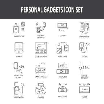Personal devices icon set. Thin line pictogram for webdesign. Outline high quality sign for design websete, mobile app, logo. 