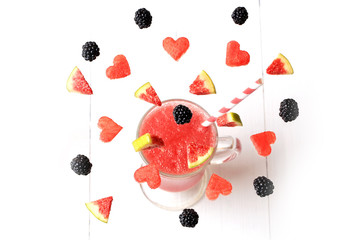 Smoothies with flying fruit and berries fresh healthy drink top view
