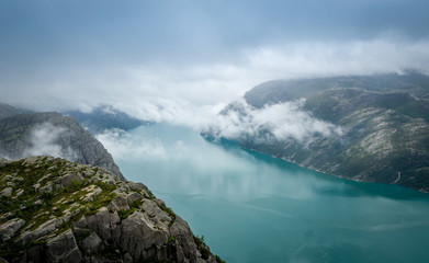 Aerial landscape of Norway fjord Lysefjord.