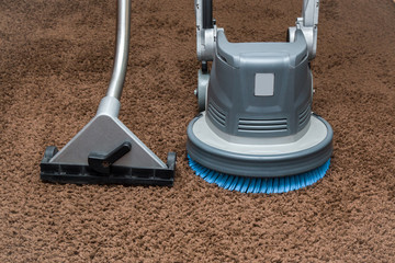 Carpet chemical cleaning with professionally extraction method and disk machine. Early spring cleaning or regular clean up.