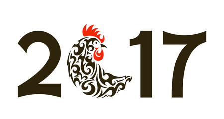 Obraz premium Greeting card with rooster - symbol of New Year 2017. EPS 10 vector illustration. Decorative ornamental design element in tribal style.