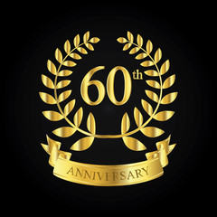 Naklejka premium 60th golden anniversary logo, first celebration with ribbon