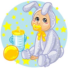 pretty baby in bunny costume with toys