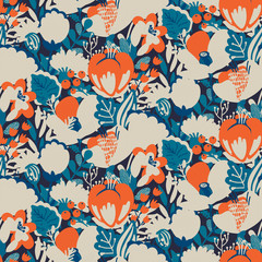 Vector seamless pattern with flowers, leaves, branches and berries
