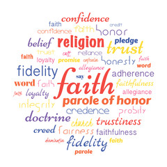 faith tag cloud, related aspects to believes in any doctrine. vector illustration