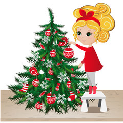 Cute girl with Christmas tree. New Year background. Greeting Card design