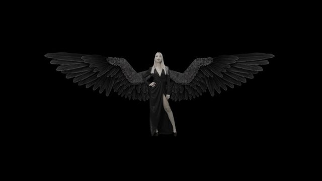 Blonde girl in a black dress and with wings