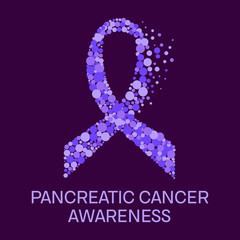 Pancreatic cancer awareness poster. Purple ribbon made of dots on purple background. Pancreatitis disease. Medical concept. Vector illustration.