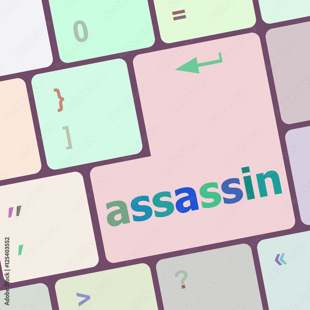 Poster assassin word on computer pc keyboard key