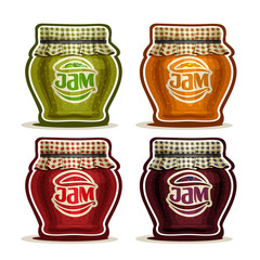 Vector logo Fruit Jam in glass Pot with checkered cloth cover lid tied rope, rustic pot home made strawberry jams, set homemade fruit jam jars, farm orange dessert in jar with label, isolated on white