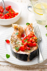 Grilled Salmon Steaks with an Oregano Salsa