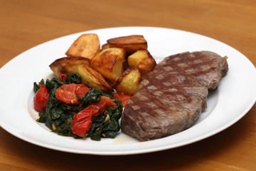 Rumpsteak mit Bratkartoffeln und Blattspinat