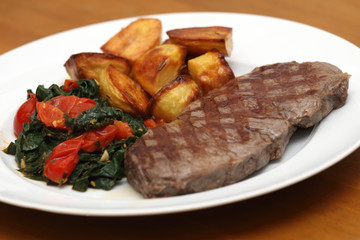 Rumpsteak mit Bratkartoffeln und Blattspinat