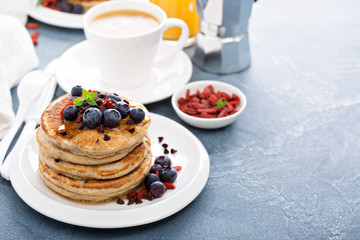 Fluffy chocolate chip pancakes for breakfast