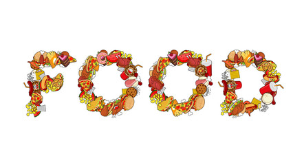 Food typography. Letters of feed. Lettering of meat. Pizza and t