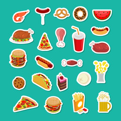 Fast Food sticker set. Signs of feed. Icon Collection of meat. P