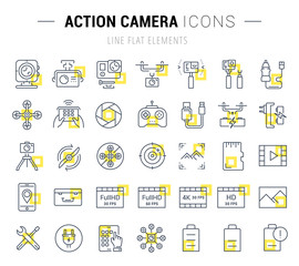 Fototapeta na wymiar Set Vector Flat Line Icons Action Camera