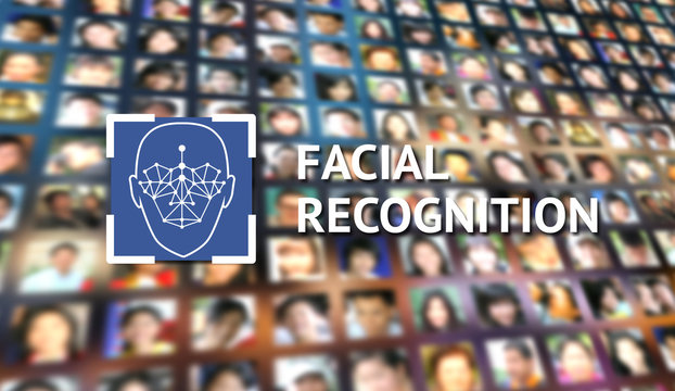 Machine learning systems and accurate facial recognition concept , Face recognition blue social media icon and texts with blur human faces background